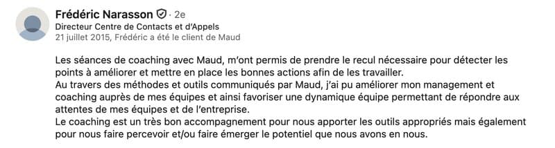 Recommandation LinkedIn de Frédéric Narasson (Management · Dynamique d'équipe)