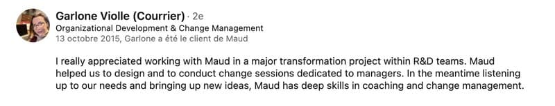 Recommandation LinkedIn de Garlone Violle (Projet de transformation · Équipes R&D)