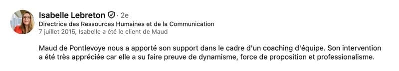 Recommandation LinkedIn de Isabelle Lebreton (Coaching d'équipe)
