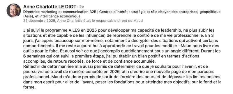 Recommandation LinkedIn de Anne Charlotte Le Diot (Programme AILES)