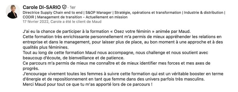 Recommandation LinkedIn de Carole Di-Sario (Parcours AILES)