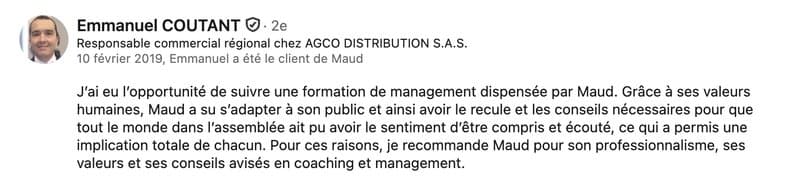 Recommandation LinkedIn de Emmanuel Coutant (Formation management)