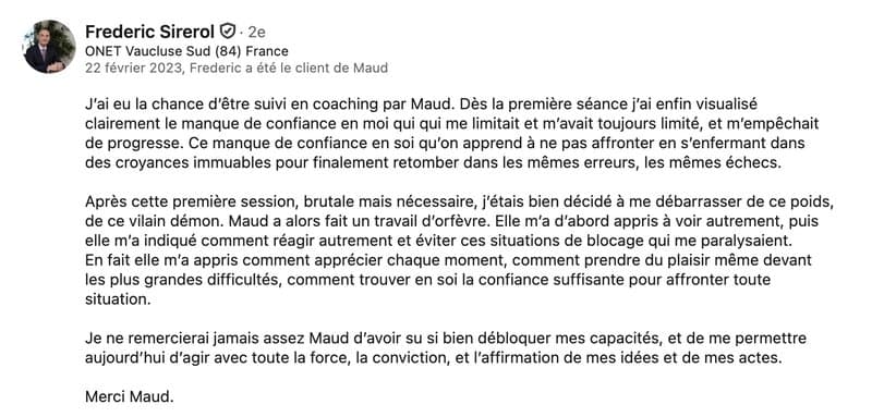 Recommandation LinkedIn de Frederic Sirerol (Coaching de dirigeant)