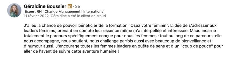 Recommandation LinkedIn de Géraldine Boussier (Parcours AILES)