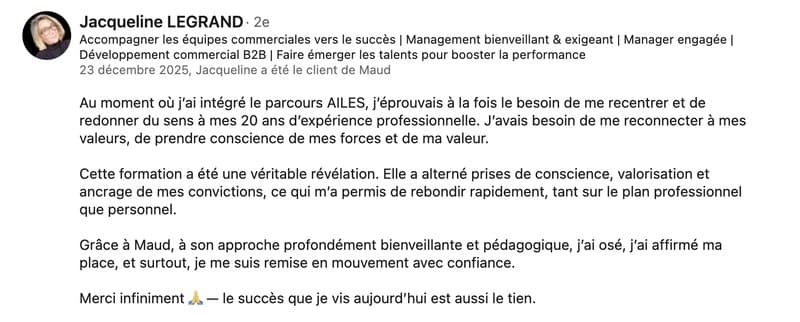 Recommandation LinkedIn de Jacqueline Legrand (Parcours AILES)