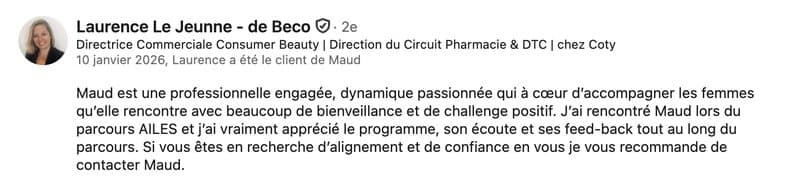Recommandation LinkedIn de Laurence Le Jeunne - de Beco (Parcours AILES)