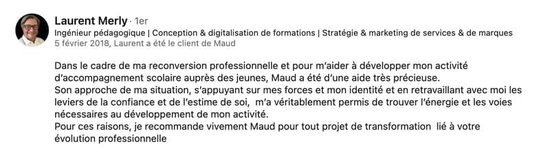 Recommandation LinkedIn de Laurent Merly (Reconversion professionnelle)