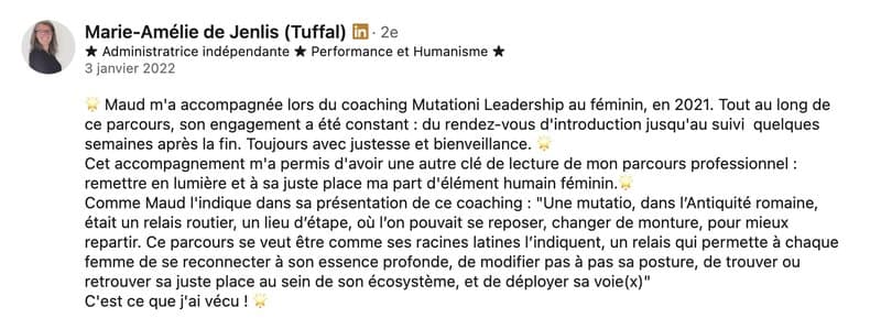 Recommandation LinkedIn de Marie-Amélie de Jenlis (Coaching leadership au féminin)