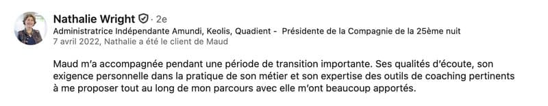 Recommandation LinkedIn de Nathalie Wright (Période de transition importante)