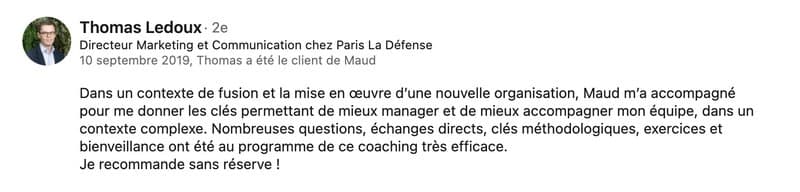 Recommandation LinkedIn de Thomas Ledoux (Coaching de dirigeant)
